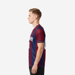Opposite side view of custom maroon navy blue men's soccer team jerseys showing back name and number placement