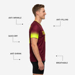 Chest print detail on custom maroon soccer training jersey showing team name and player number in neon yellow sublimated print