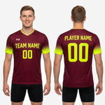 Full body back view of custom maroon soccer training jersey with neon yellow gradient sleeves and back number print zone