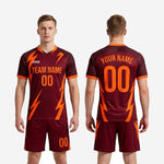 Custom maroon and orange soccer uniform full kit back view showing player name and number print zones