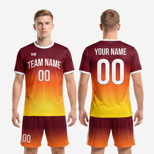 Custom maroon to orange gradient soccer uniform shorts detail showing white outer seam stripe and elastic drawcord waistband
