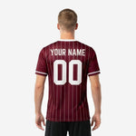 Custom maroon pinstripe soccer jersey back detail view with player surname and back number sublimation print