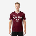 Custom maroon pinstripe personalized soccer jersey front view with white team name and number print on male model