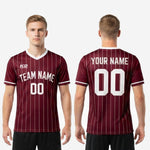 Custom maroon and white pinstripe soccer jersey full body view with V-neck collar trim and short sleeves