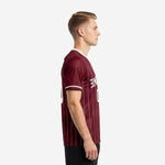 Custom maroon pinstripe personalized soccer jersey left side view showing white sleeve cuff trim and vertical stripe pattern