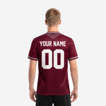 Custom maroon and silver soccer jersey back view showing player surname arc and back number print zone