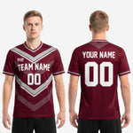 V-neckline and silver contrast collar trim detail on custom maroon geometric soccer jersey