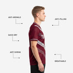 Close-up of silver chevron geometric detail on custom maroon red soccer shirt sublimated print