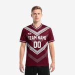 Custom red soccer shirt in maroon with silver chevron geometric print, team name and number on chest, front view on male model