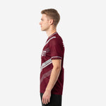 Custom maroon soccer jersey right side view displaying full-dye sublimation chevron pattern and short sleeve cut