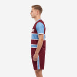 Custom maroon and sky blue men's soccer uniform right side view showing horizontal chest stripes and shorts stripe