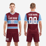 Custom maroon men's soccer team uniforms back view showing player name and number print zones