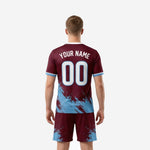 Back detail of custom maroon soccer jersey showing player name and number in white sublimated print