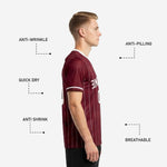 Custom maroon personalized soccer jersey showing arched team name and front number print zones on athletic cut body