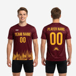 Sleeve detail of custom maroon soccer training jersey showing tone-on-tone botanical leaf texture in full-dye sublimation