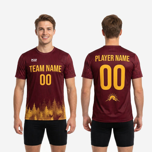Sleeve detail of custom maroon soccer training jersey showing tone-on-tone botanical leaf texture in full-dye sublimation
