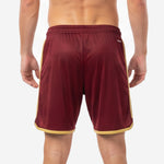 Elastic waistband and Vegas Gold drawcord detail on custom maroon soccer shorts made to order for club teams