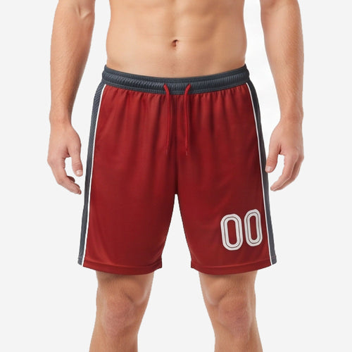 Custom maroon soccer shorts with charcoal side panels and white player number 00 on the left leg, front view on adult male model