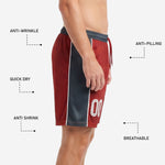 Custom maroon soccer shorts full side profile displaying wide charcoal side panel, white piping, and player number placement