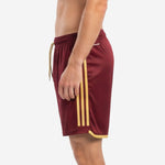Custom maroon soccer shorts with Vegas Gold stripe panel and straight hem, right side view on adult male model