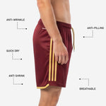Player number sublimation print detail on custom maroon soccer shorts for match day and training use