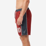 Custom maroon soccer shorts second side angle showing red drawcord through charcoal elastic waistband and athletic cut silhouette