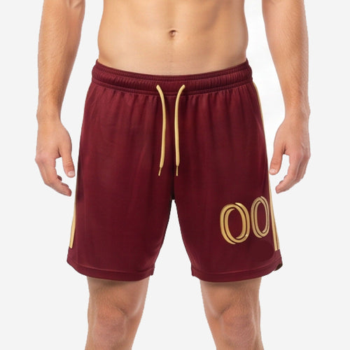 Custom maroon soccer shorts with Vegas Gold drawcord and player number sublimated on right leg panel, front view on male model