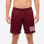 Custom maroon soccer shorts with white contrast side panels and sublimated player number 00 on left leg, front view on adult male model