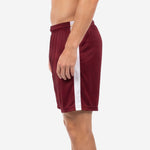 Custom maroon soccer shorts with white side panel detail, right side view showing straight hem and elastic waistband on adult male model