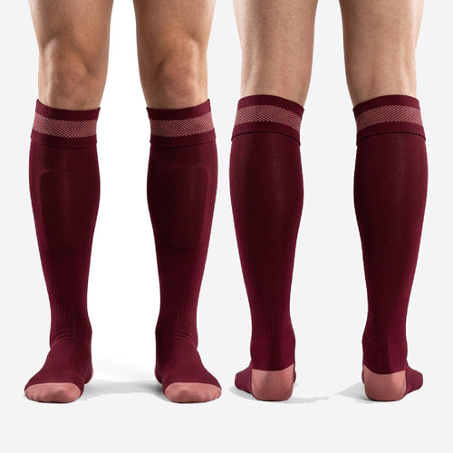 Custom maroon soccer socks full-length side profile showing knee-high reach and athletic knit construction