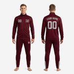 Custom maroon soccer tracksuit full set back view showing player name and number placement on jacket and pants