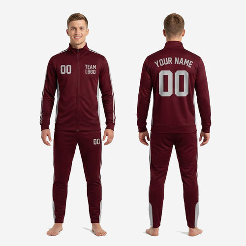 Custom maroon soccer tracksuit full set back view showing player name and number placement on jacket and pants