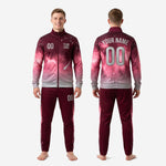 Custom maroon soccer tracksuit 2-piece set display showing matched gradient colorway across jacket and pants for full squad teamwear ordering