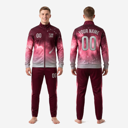 Custom maroon soccer tracksuit 2-piece set display showing matched gradient colorway across jacket and pants for full squad teamwear ordering