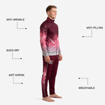 Custom maroon soccer tracksuit pants detail showing maroon tapered leg with sublimated galaxy side stripe and player number on thigh