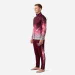 Custom maroon soccer tracksuit second side angle showing sublimated side stripe on pants and full-zip stand collar jacket in maroon and rose pink gradient