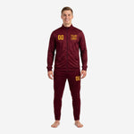 Custom maroon soccer tracksuit full-zip jacket and tapered pants with Athletic Gold team logo and number print, mens front view