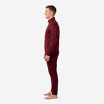 Custom maroon soccer tracksuit right side profile showing stand collar full-zip jacket and matching tapered pants, mens fit