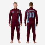Close-up of sky blue splash particle burst print on custom maroon soccer tracksuit set