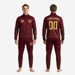 Custom maroon soccer tracksuit stand collar and full-zip front close-up showing sublimated dot-burst pattern and Athletic Gold trim