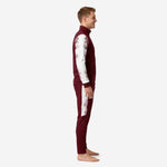 Maroon soccer tracksuit side view showing white marble-splash sleeve and outer leg panel sublimation print