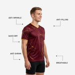 Back view of custom maroon soccer training jersey with player name and number in Athletic Gold sublimation print
