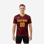 Custom maroon soccer training jersey with Athletic Gold marble print and team name on chest, front view on male model