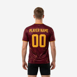 Detail view of gold contrast trim on V-neck collar of custom maroon soccer training jersey