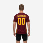 V-neck collar detail on sublimated mens custom training jersey with Athletic Gold trim stripe