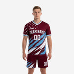Custom maroon soccer uniforms front view showing sky blue slash design and white star print on V-neck jersey with matching shorts