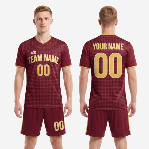 Back view of custom maroon and gold geometric soccer uniform set showing player name and number placement