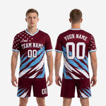Custom maroon soccer uniform full 2-piece kit with team name on chest, front player number, and matching star-and-slash shorts