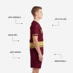 Custom maroon soccer uniform shorts detail with sublimated player number on left leg and elastic drawcord waistband