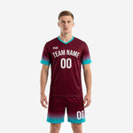 Custom maroon soccer uniforms with teal gradient trim, front view, mens full kit jersey and shorts